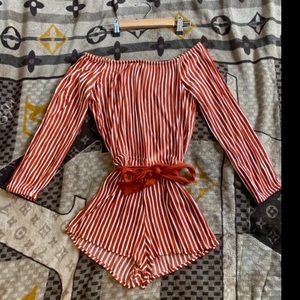Orange & white stripped off the shoulder romper with front tie